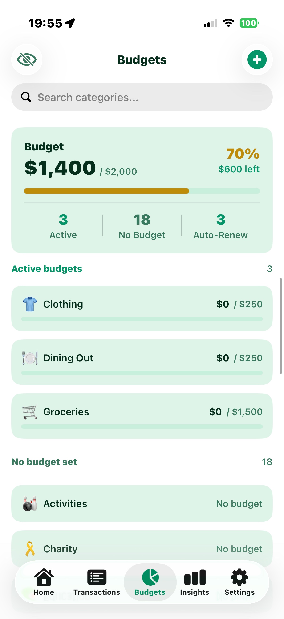 TYM Budgets screen with category progress bars