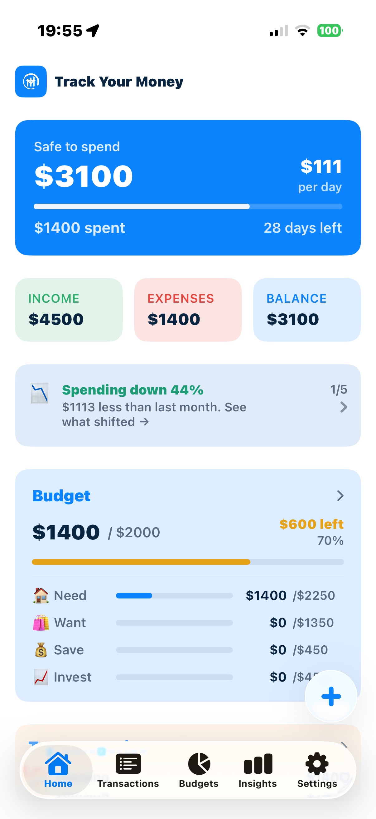 TYM Home screen showing safe-to-spend and budget overview