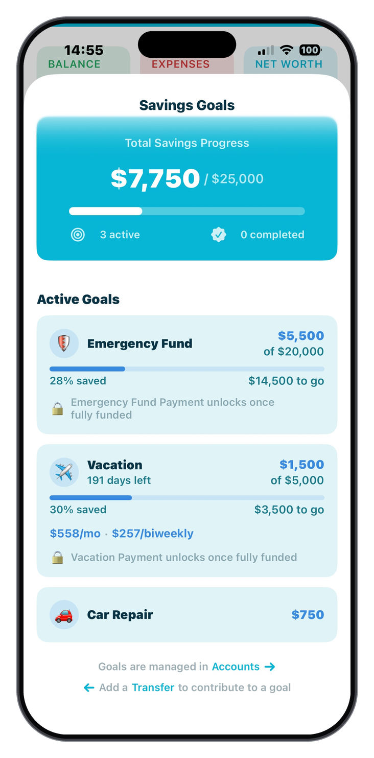 TYM Savings Goals screen with total savings progress and active goals
