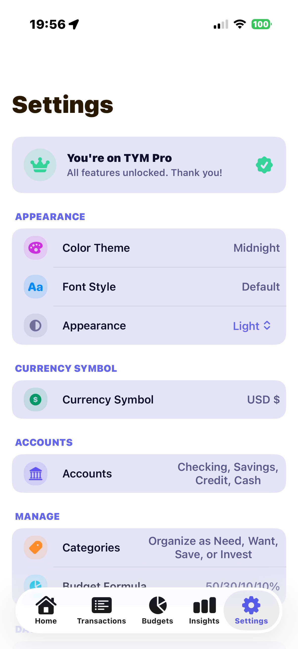 TYM Settings screen with theme and font customization