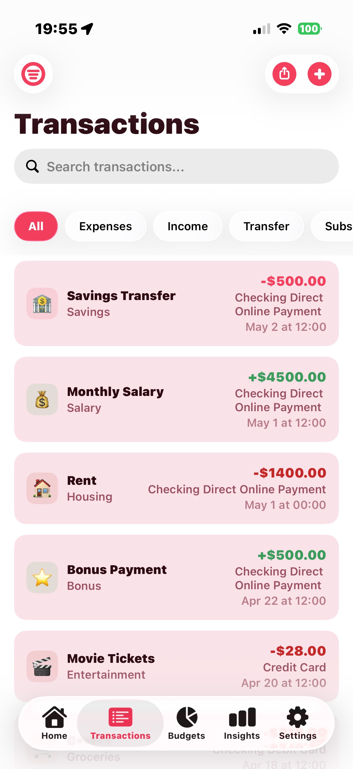 TYM Transactions screen with search and filters